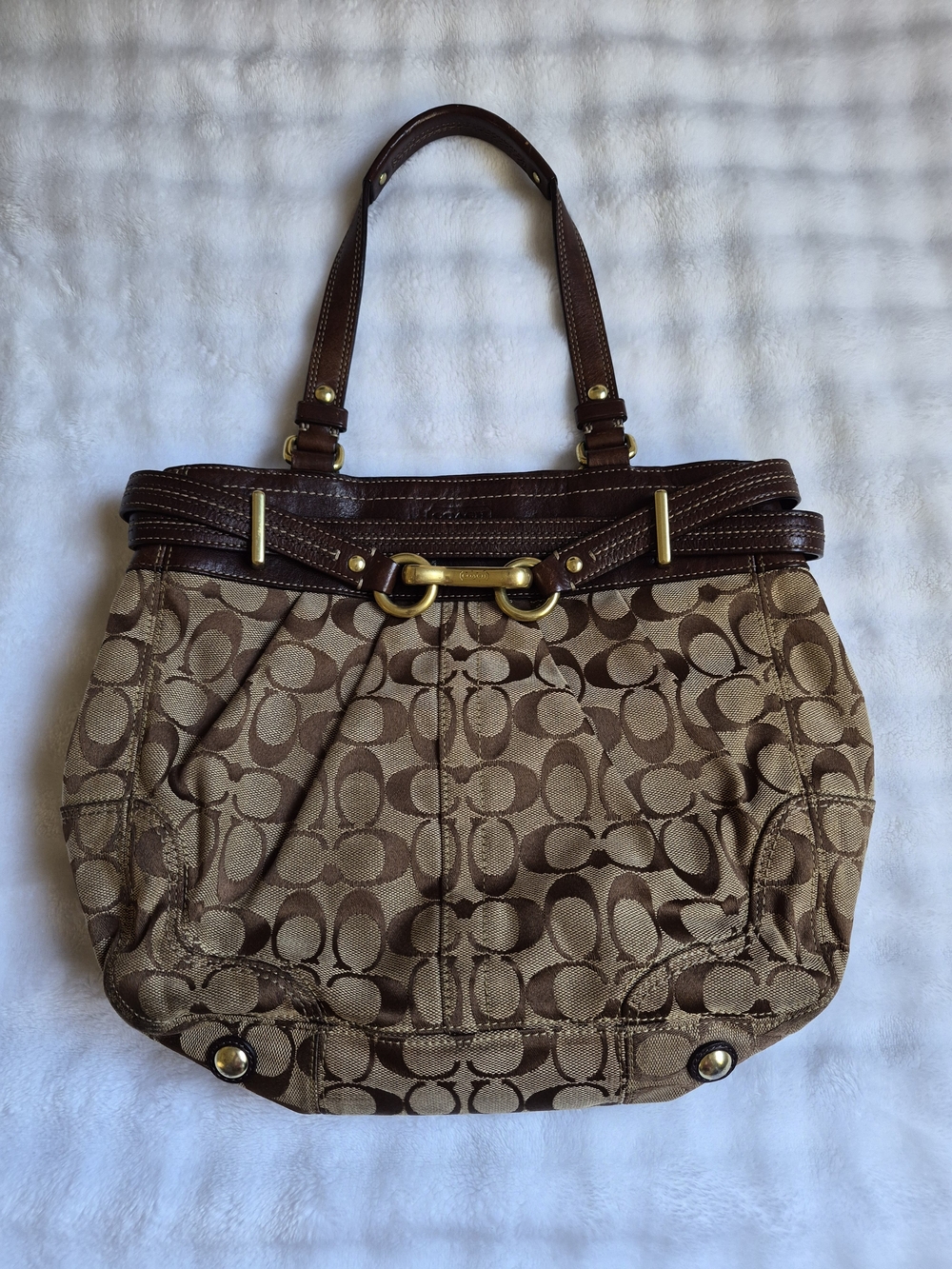 Coach Brown Signature Canvas Shoulder Bag with Dark Brown Trim